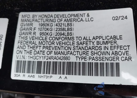 2024 Honda Accord Lx from USA, damaged, VIN 1HGCY1F24RA042880